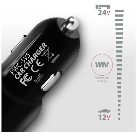 Pwc-5v5 Caricabatterie Per Dispositivi Mobili Auto Nero (Car Charger Smart 5v 2.4a + 2.4a. 24watt)  - Foto 3
