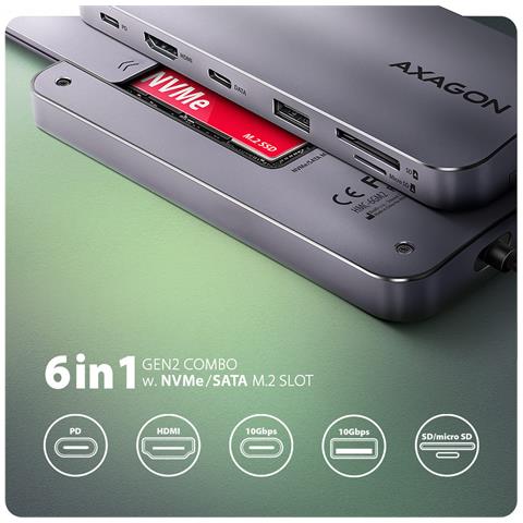HMC-6GM2 USB 10Gbps hub USB-A USB-C HDMI M. 2 SD /mSD PD 100W USB-C Cablato USB 3.2 Gen 2 (3.1 Gen 2) Type-C Grigio - Foto 10