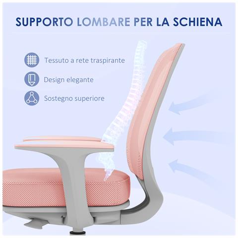 Sedia Da Ufficio Ergonomica E Reclinabile Ad Altezza Regolabile Con 5 Rotelle, 55x48x82.5-94.5 Cm, Rosa - Foto 2