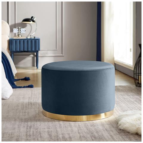 Pouf Charlotte Ii In Velluto Blu Celadon E Metallo Dorato - Foto 1
