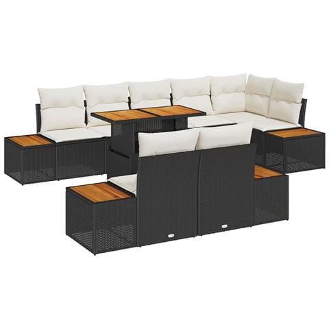 Set da pranzo da giardino 9 pezzi con cuscini nero in polyrattan e acacia - Foto 1