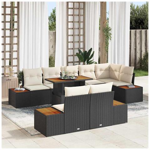 Set da pranzo da giardino 9 pezzi con cuscini nero in polyrattan e acacia - Foto 2