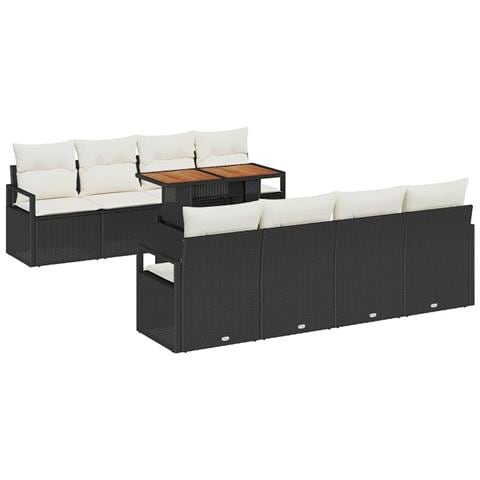 Set di divani da giardino 9 pezzi con cuscini polyrattan nero acacia, Divano da giardino per due persone con cuscini polyrattan nero - Foto 1