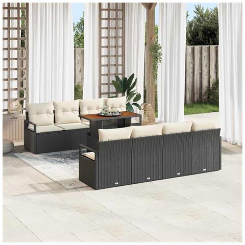 Set di divani da giardino 9 pezzi con cuscini polyrattan nero acacia, Divano da giardino per due persone con cuscini polyrattan nero - Foto 2