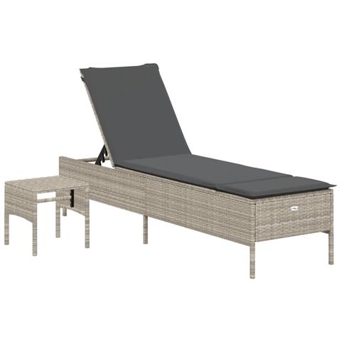 Lettino con Tavolo e Cuscino Grigio Chiaro in Polyrattan - Foto 1