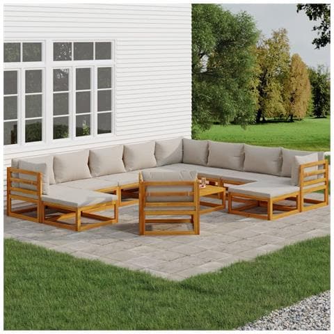 Set Salotto Giardino 12pz Cuscini Grigio Chiaro Legno Massello - Foto 2