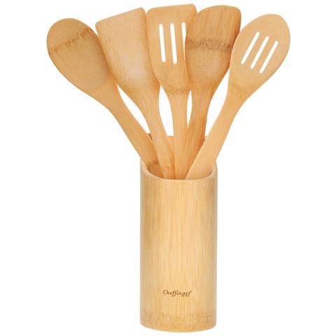 Set Di Spatole Da Cucina In Bambù Con Portaposate, Marrone / Beige - Foto 1