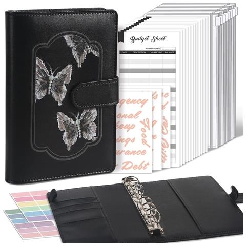 Raccoglitore Per Budget A6 Stile Pittura A Olio: 12 Fogli Di Budget, 8 Tasche Con Cerniera, Adesivi Inclusi Black - Foto 1
