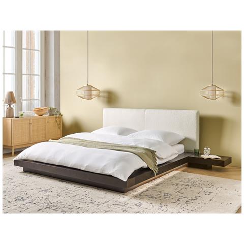 Letto Matrimoniale Legno Scuro Con Testata In Bouclé Con Led 160 X 200 Cm Zen - Foto 1