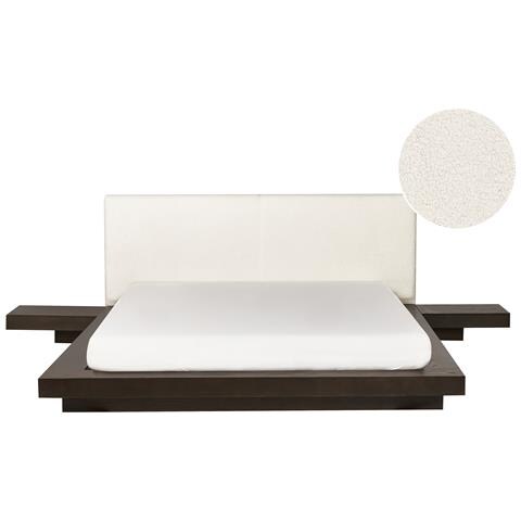 Letto Matrimoniale Legno Scuro Con Testata In Bouclé Con Led 160 X 200 Cm Zen - Foto 2