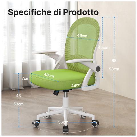 Sedia Ufficio - Sedia Scrivania Con Supporto Lombare - Poltrona Ufficio In Rete Traspirante - Sedia Da Ufficio Ergonomica Braccioli E Altezza Regolabili - Verde - Foto 5