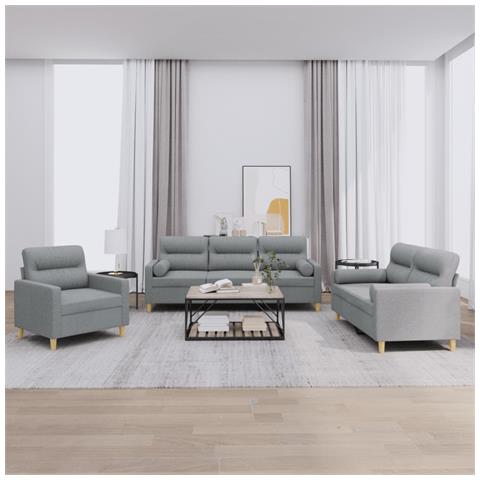 Set Divani 3 pz con Cuscini Grigio Chiaro in Tessuto - Foto 2