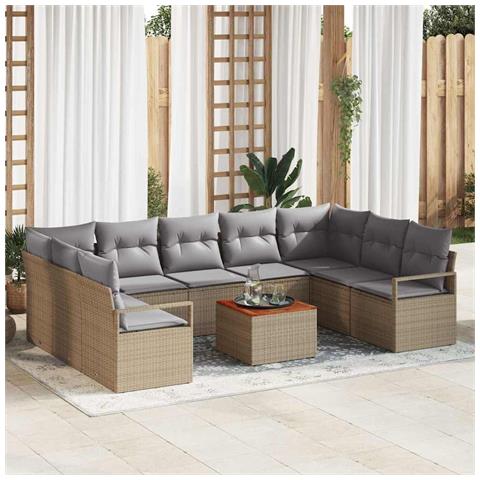 Set di divani da giardino  da 10 pezzi con cuscini Beige Polirattan Acacia, Divano da giardino  per 2 persone con spazio di stoccaggio e cuscini Beige Polirattan - Foto 2