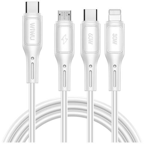 Cavo 3-in-1 Usb-c, Micro Usb, Lightning Ricarica Rapida 60w 1m, Bianco - Foto 1