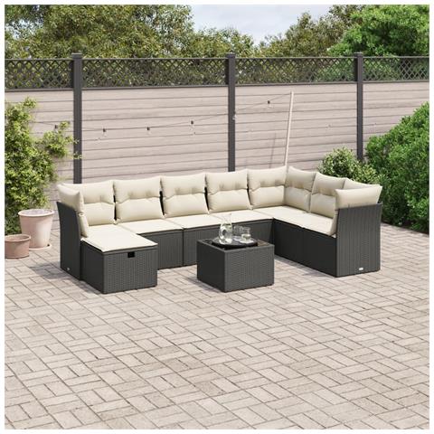 Set Divani da Giardino 9 pz con Cuscini Nero in Polyrattan - Foto 2