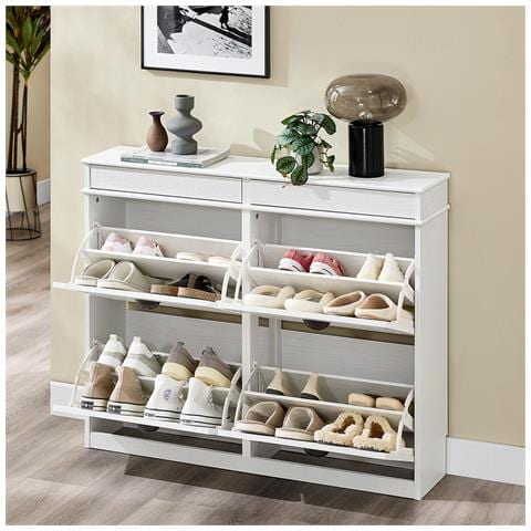 Armadio Portascarpe Con Ante A Ribalta, Effetto Legno Invecchiato Bianco - Foto 2