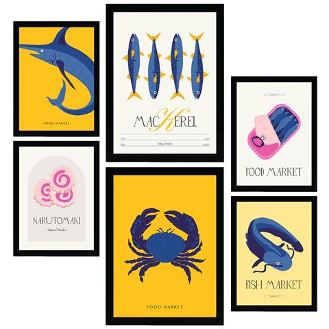 Set Di 6 Stampe Cibo E Nutrizione Frutti Di Mare Natura E Stampe Botaniche Per L'interior Design A3 & A4 Senza Cornice - Foto 1