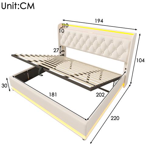 Letto Matrimoniale Bianco Con Led, Usb E Stoccaggio Idraulico - Foto 2