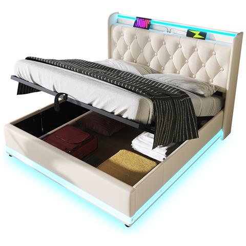 Letto Matrimoniale Bianco Con Led, Usb E Stoccaggio Idraulico - Foto 1