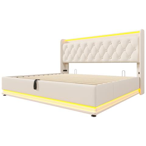 Letto Matrimoniale Bianco Con Led, Usb E Stoccaggio Idraulico - Foto 3