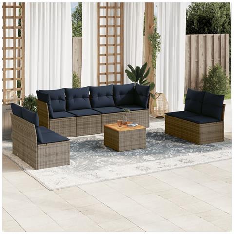 Set Divani Da Giardino 9 Pz Con Cuscini Grigio In Polyrattan - Foto 1