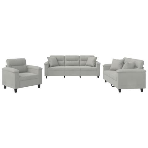Set Divani 3 pz con Cuscini Grigio Chiaro in Tessuto Microfibra - Foto 1