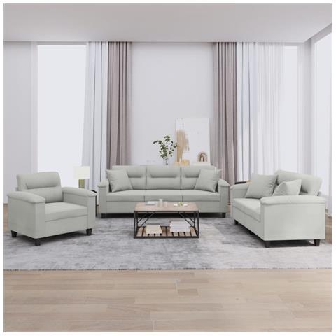 Set Divani 3 pz con Cuscini Grigio Chiaro in Tessuto Microfibra - Foto 2