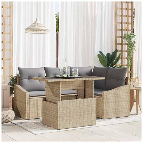 Set di Divani da Giardino in 5 Pezzi con Cuscini Beige in Rattan PE - Foto 2