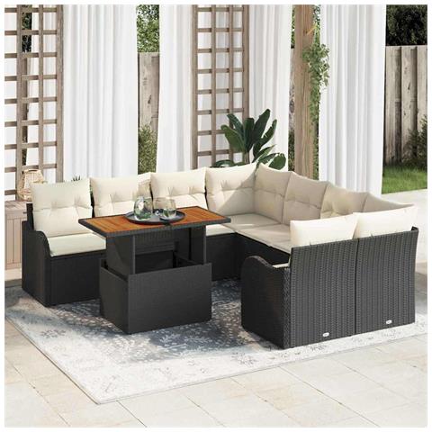 Set Divano da Giardino  9 Pezzi con Cuscini Nero Polyrattan Acacia, Divano da Giardino  2-Persone con Cuscini Nero Polyrattan - Foto 2