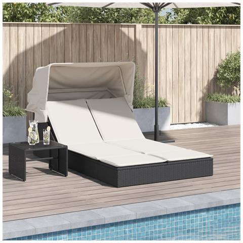 Lettino Prendisole Doppio Baldacchino e Cuscini Nero Polyrattan - Foto 2