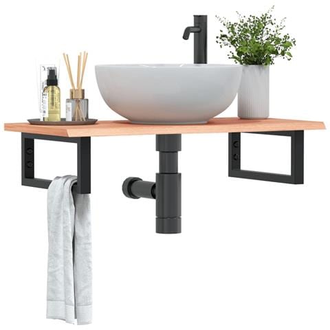 Ripiano a Parete per Lavabo in Acciaio e Massello di Rovere - Foto 2