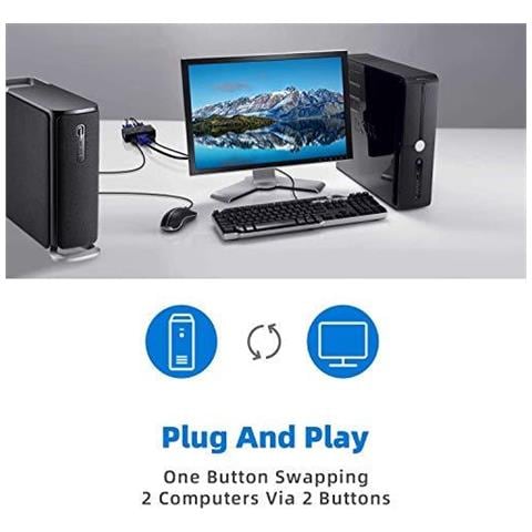 Usb Switch Kvm Vga Con Cavi 2 Porte Selettore Switcher Per 2pc Condivisione Di Un Monitor Video E 3 Dispositivi Usb Tastiera Mouse Scanner Stampante - Foto 2