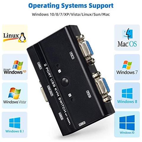 Usb Switch Kvm Vga Con Cavi 2 Porte Selettore Switcher Per 2pc Condivisione Di Un Monitor Video E 3 Dispositivi Usb Tastiera Mouse Scanner Stampante - Foto 4