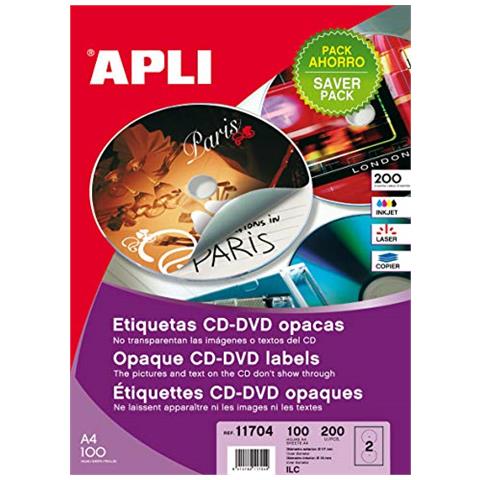 Etichetta per disco ottico Apli - 117 mm Diametro - 100 Foglio - Rotondo - 2 / Fogli - Carta - Getto d'inchiostro, Laser - Bianco - Foto 1