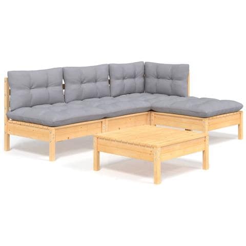 Set Divani da Giardino 5 pz con Cuscini Grigi Massello di Pino - Foto 1