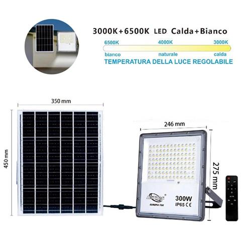 Faro Led Faretto Pannello Solare Crepuscolare Telecomando Da 3000k A 6500k 300w - Foto 2