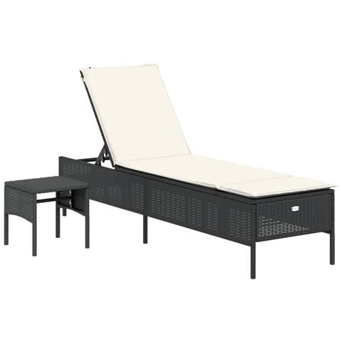 Lettino Prendisole Con Tavolo E Cuscino Nero In Polyrattan - Foto 2