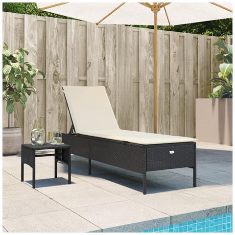 Lettino Prendisole Con Tavolo E Cuscino Nero In Polyrattan - Foto 1