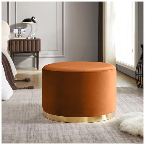 Pouf Charlotte Ii In Velluto Arancione Bruciato E Metallo Dorato - Foto 1