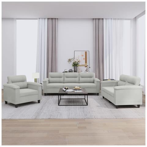 Set Divani 3 pz con Cuscini Grigio Chiaro in Tessuto Microfibra - Foto 2