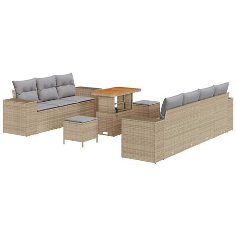 Set di Divani da Giardino da 10 Pezzi con Cuscini Beige Rattan PE Acacia, Set di Mobili da Pranzo da Giardino da 3 Pezzi con Cuscini Beige Rattan PE Acacia - Foto 1