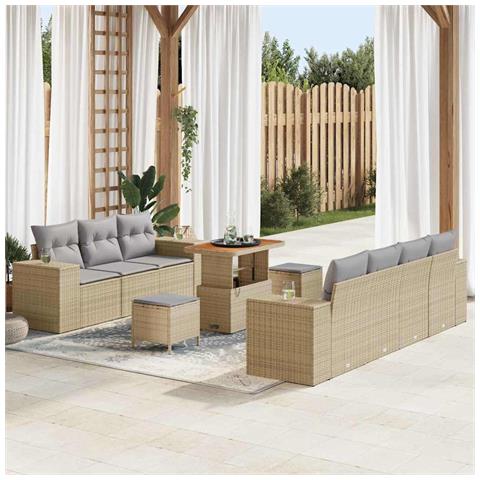 Set di Divani da Giardino da 10 Pezzi con Cuscini Beige Rattan PE Acacia, Set di Mobili da Pranzo da Giardino da 3 Pezzi con Cuscini Beige Rattan PE Acacia - Foto 2
