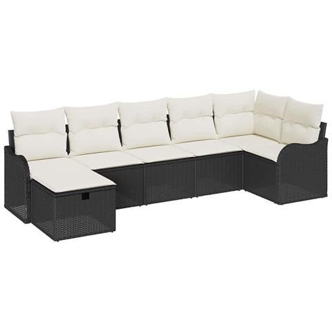 Set divano da giardino 7 pezzi con cuscini neri in rattan poli, Divano da giardino 2 posti con cuscini neri in rattan poli - Foto 1