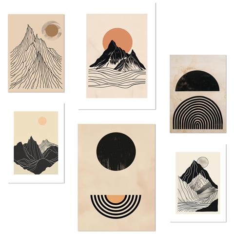 Set Di 6 Stampe Illustrazioni Di Design Con Montagne Geometriche, Toni Vintage Marrone, Nero E Terra Per Le Pareti Delle Stanze Della Tua Casa A3 & A4 Senza Cornice - Foto 1