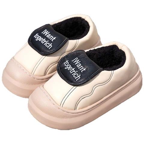 Pantofole Invernali Impermeabili In Pelle Pu Con Fodera In Pile E Suola Spessa In Cotone White 36 - Foto 1
