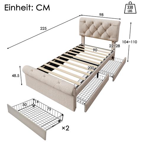 Letto Singolo Imbottito Stile Chesterfield Con Due Cassetti - Foto 2
