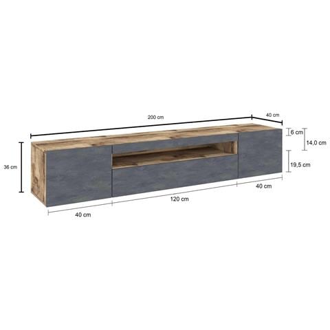 Mobile Porta Tv Jesse, Credenza Bassa Da Soggiorno A 3 Ante, Base Porta Televisione, 100% Made In Italy, Cm 200x40h37, Acero E Ardesia, Con Luce Led - Foto 9