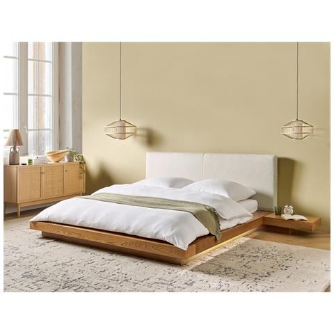 Letto Matrimoniale Legno Chiaro Con Testata In Bouclé Con Led 160 X 200 Cm Zen - Foto 1