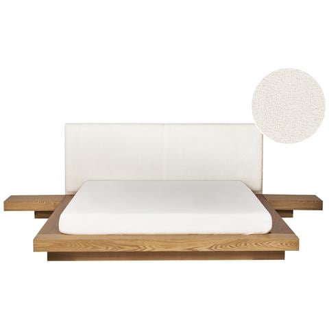 Letto Matrimoniale Legno Chiaro Con Testata In Bouclé Con Led 160 X 200 Cm Zen - Foto 2