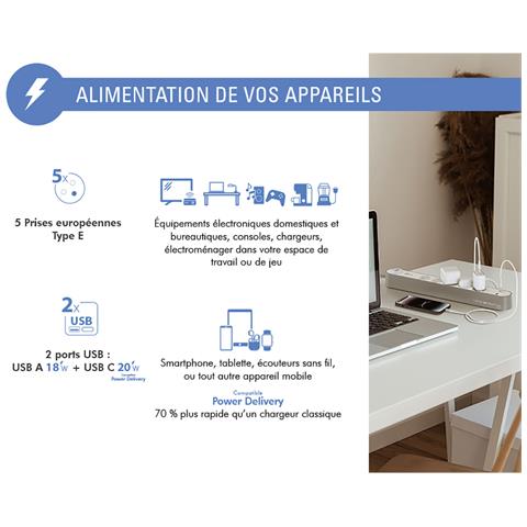 E-type 800 Joule 5-plug Lightning Protection Cavo Di Prolunga Con Porte Usb-a E Usb-c 1,5m, Argento - Foto 3